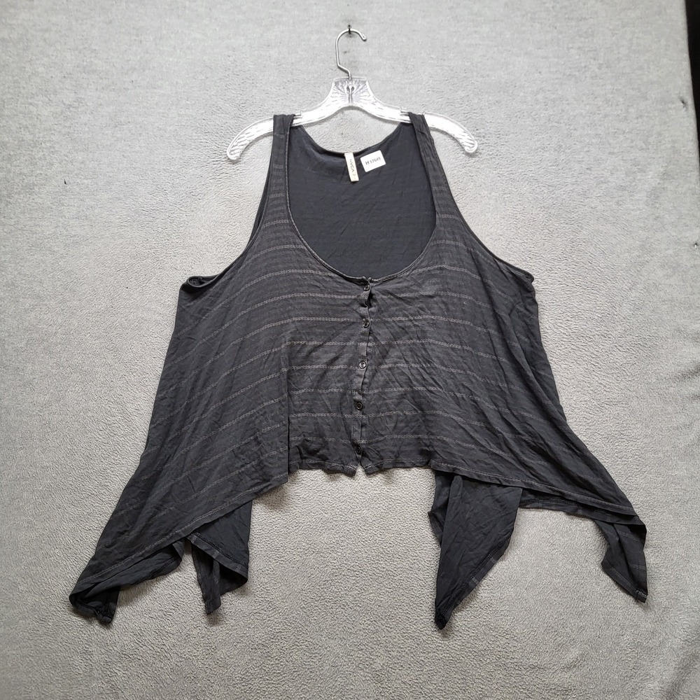 RVCA Women Tank Top L Black Striped Indie Sleaze Button Scoop Neck Front